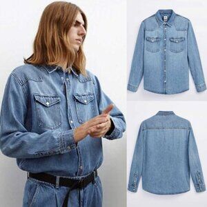 Zara Men's S Relaxed Fit Chambray Denim Western Snap Button Shirt S Long Sleeves